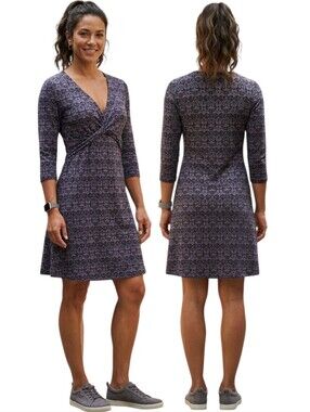PRANA Grey & Black Geometric Print Twist-front Faux Wrap Dress -Size M